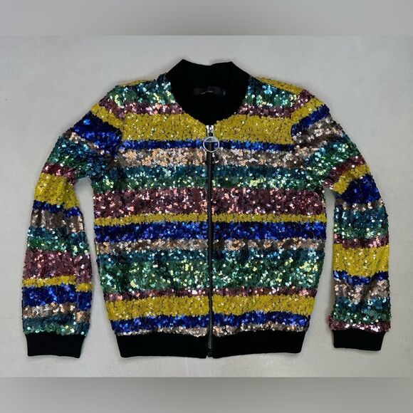 BEBE Sequin Bling Bomber Jacket Women Small Multicolor Striped Colorblock - Picture 1 of 6